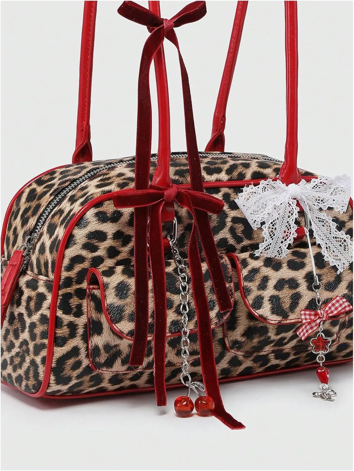 QWINEE Women's Y2K Bow Decor Shoulder Bags Zipper Top Handle Grunge Handbags PU Leather Underarm Bag