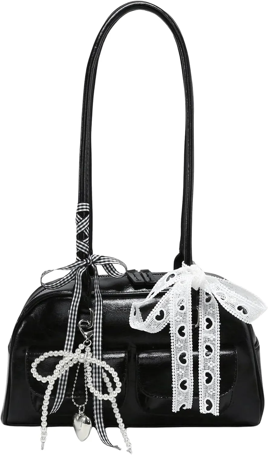 QWINEE Women's Y2K Bow Decor Shoulder Bags Zipper Top Handle Grunge Handbags PU Leather Underarm Bag