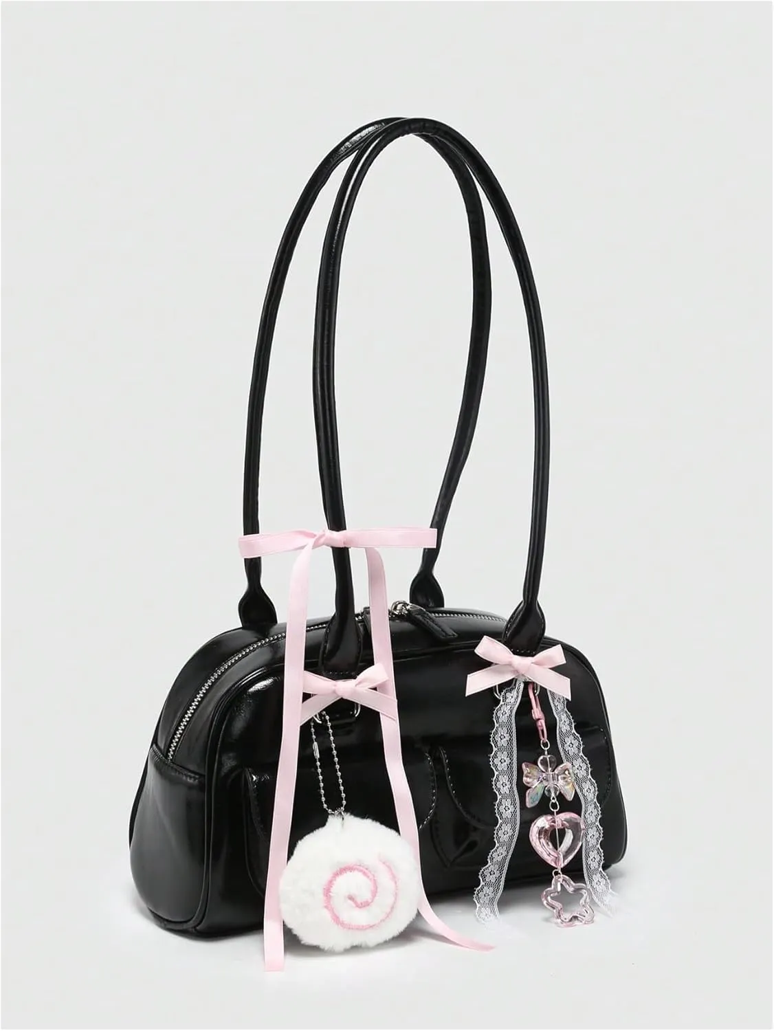 QWINEE Women's Y2K Bow Decor Shoulder Bags Zipper Top Handle Grunge Handbags PU Leather Underarm Bag