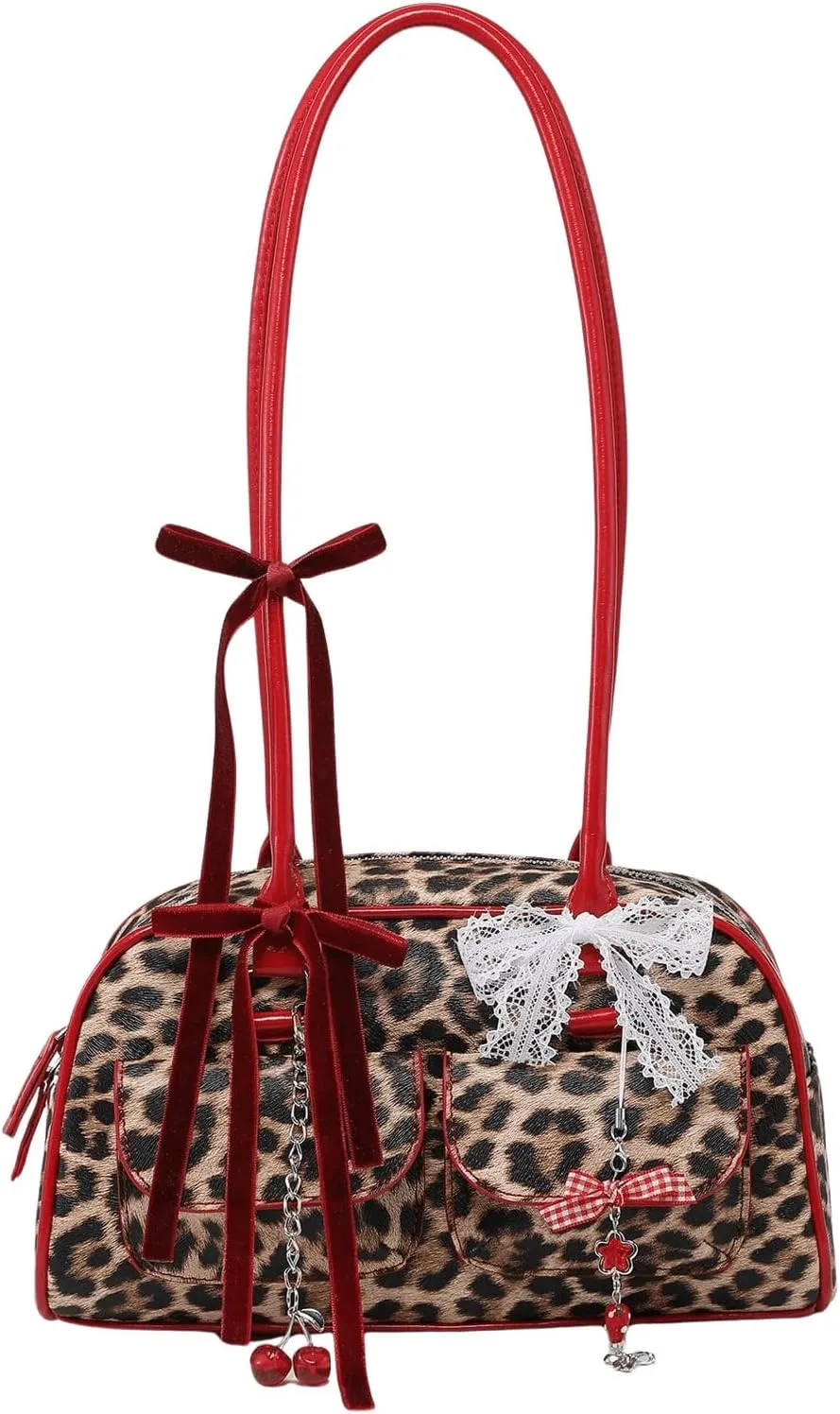 QWINEE Women's Y2K Bow Decor Shoulder Bags Zipper Top Handle Grunge Handbags PU Leather Underarm Bag