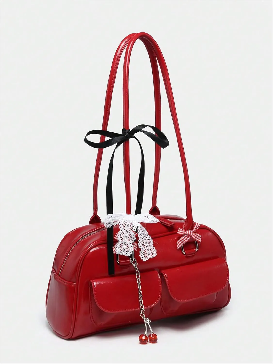 QWINEE Women's Y2K Bow Decor Shoulder Bags Zipper Top Handle Grunge Handbags PU Leather Underarm Bag