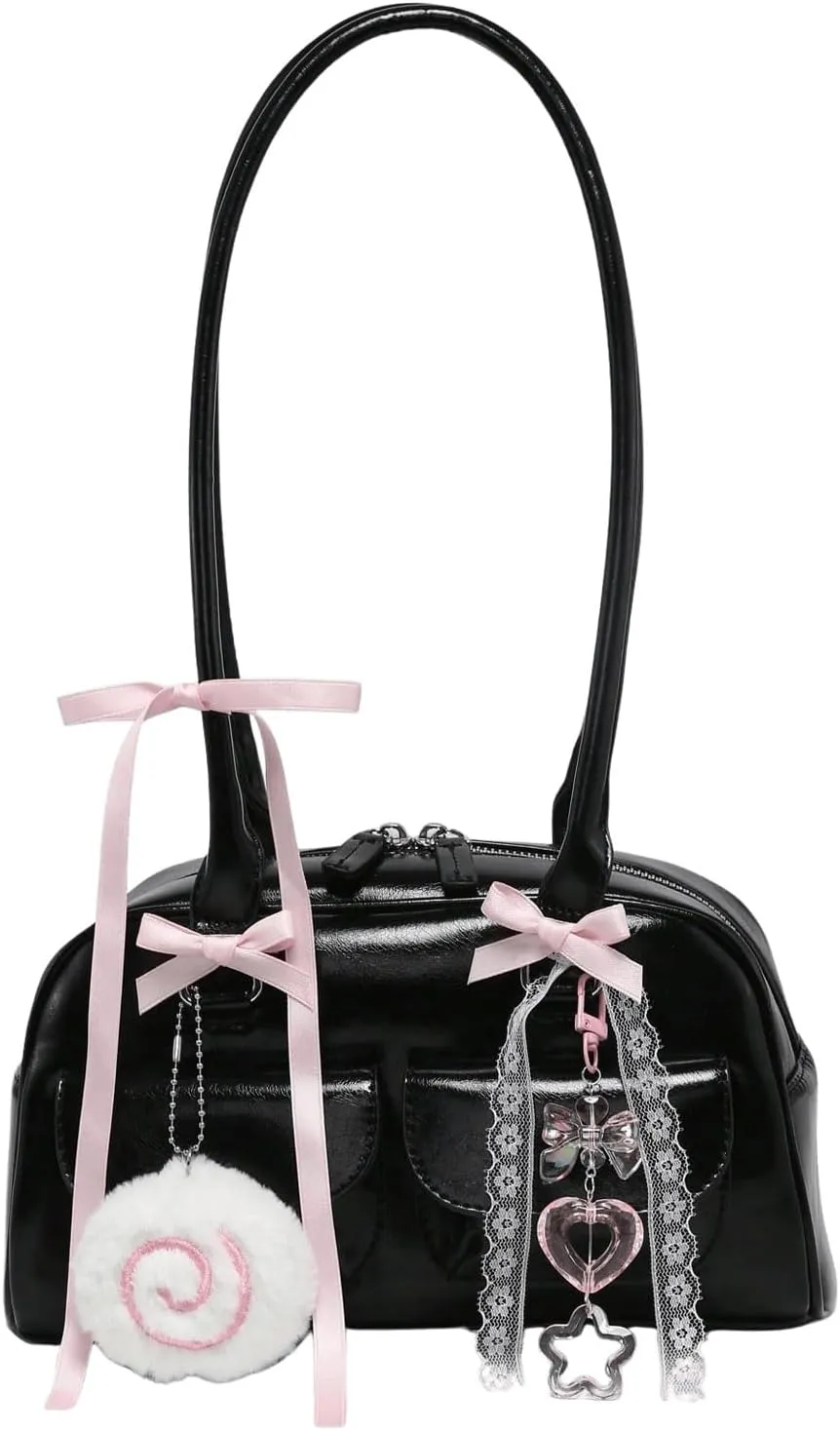 QWINEE Women's Y2K Bow Decor Shoulder Bags Zipper Top Handle Grunge Handbags PU Leather Underarm Bag