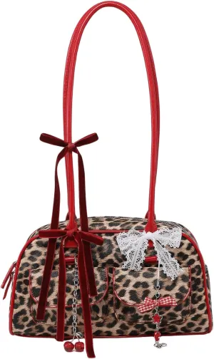 QWINEE Women's Y2K Bow Decor Shoulder Bags Zipper Top Handle Grunge Handbags PU Leather Underarm Bag