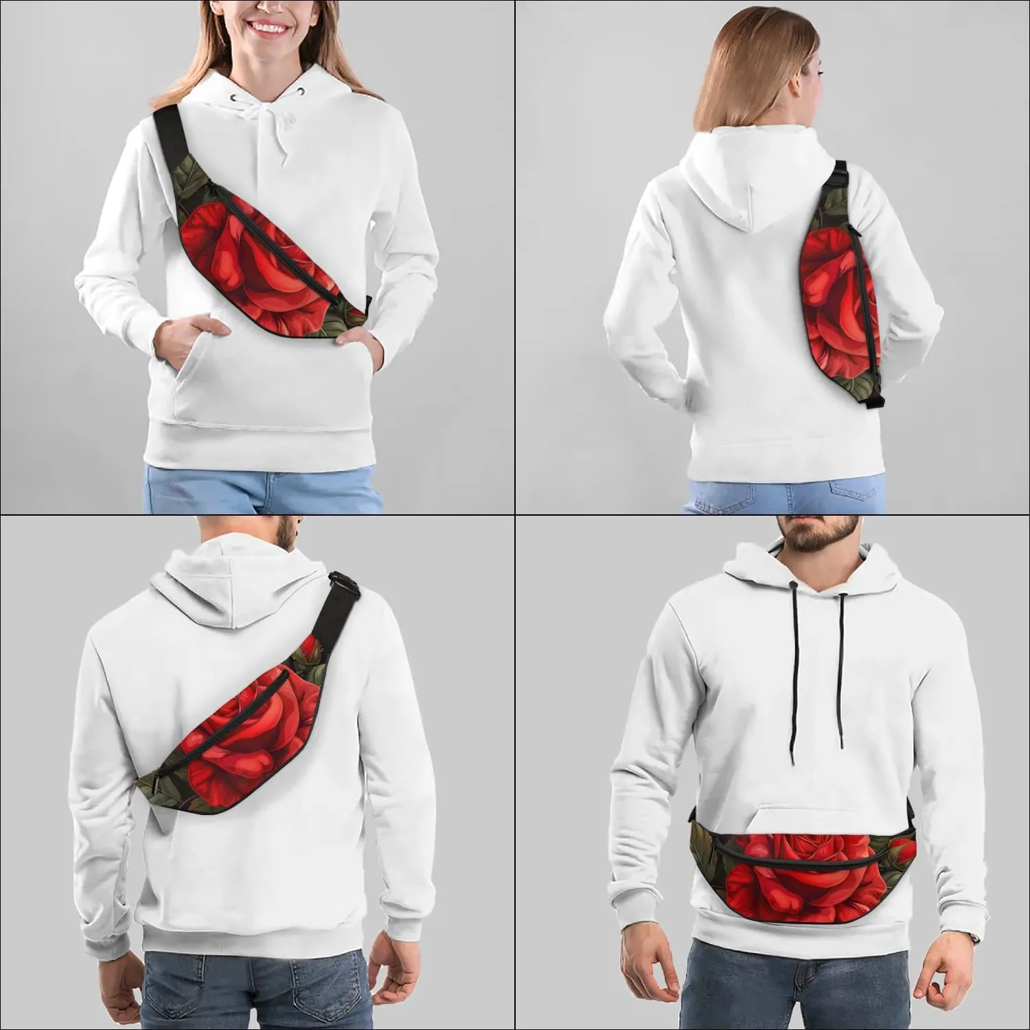 Red Rose Fanny Packs for Women Men Cross Body Purse Waterproof Sports Waist Bag Pack Belt Bag for Travel Hiking Running Cycling