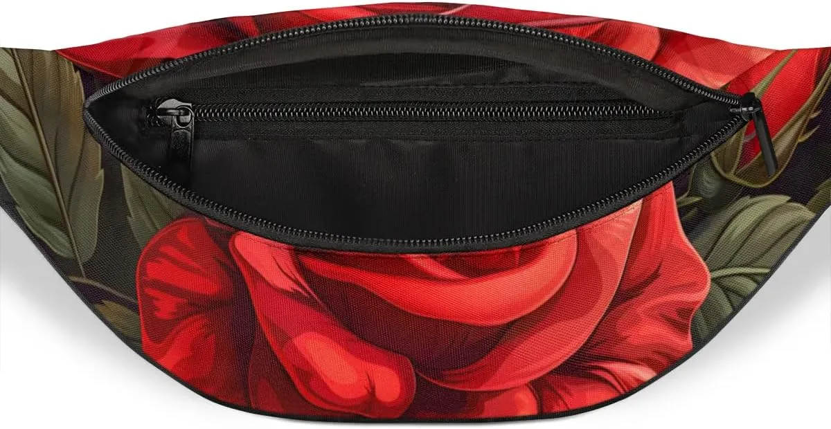 Red Rose Fanny Packs for Women Men Cross Body Purse Waterproof Sports Waist Bag Pack Belt Bag for Travel Hiking Running Cycling