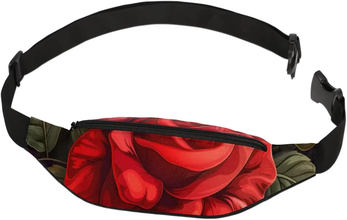 Red Rose Fanny Packs for Women Men Cross Body Purse Waterproof Sports Waist Bag Pack Belt Bag for Travel Hiking Running Cycling