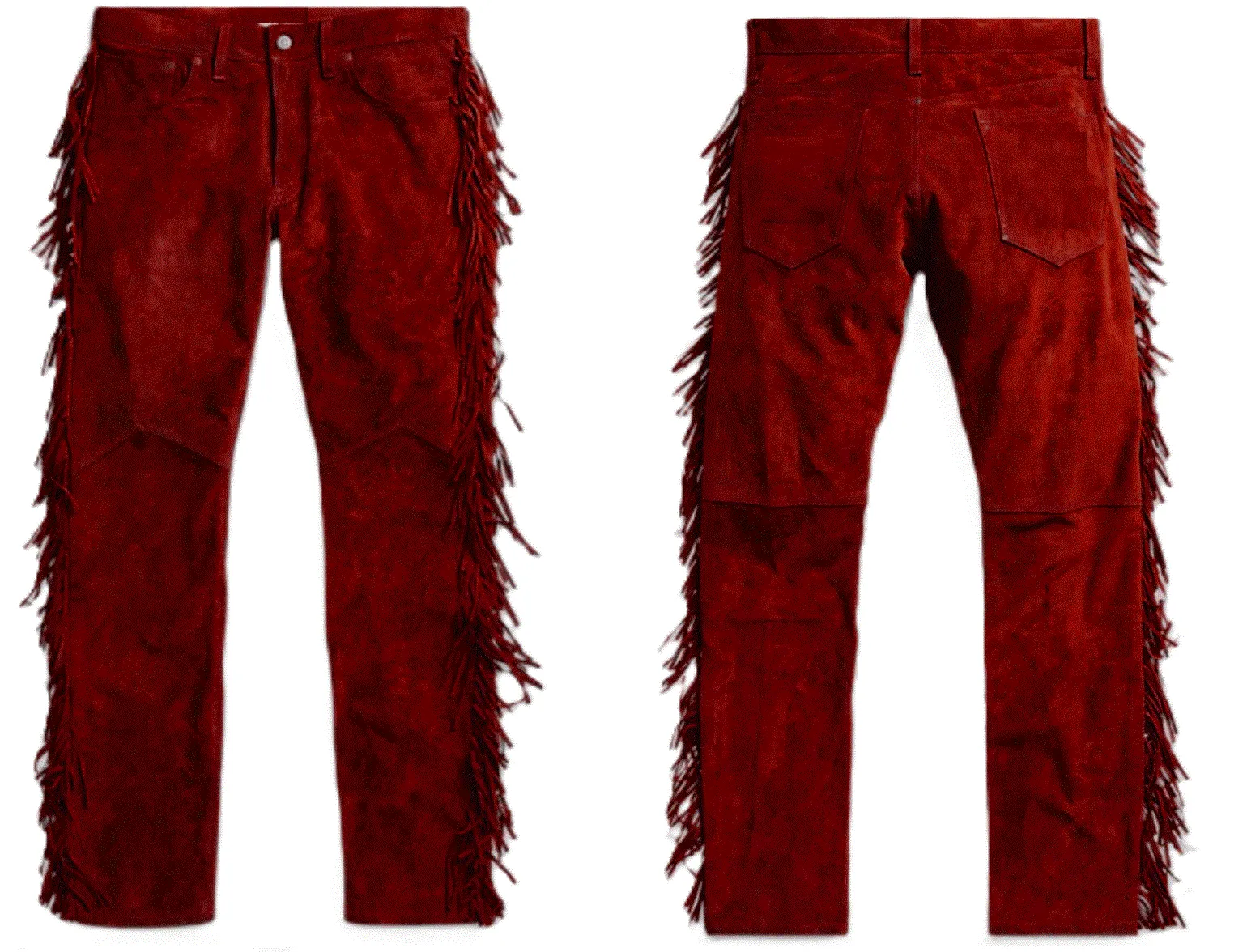 Red Suede Leather Fringe Pants Jeans Style For Men Western Pant MFP1110