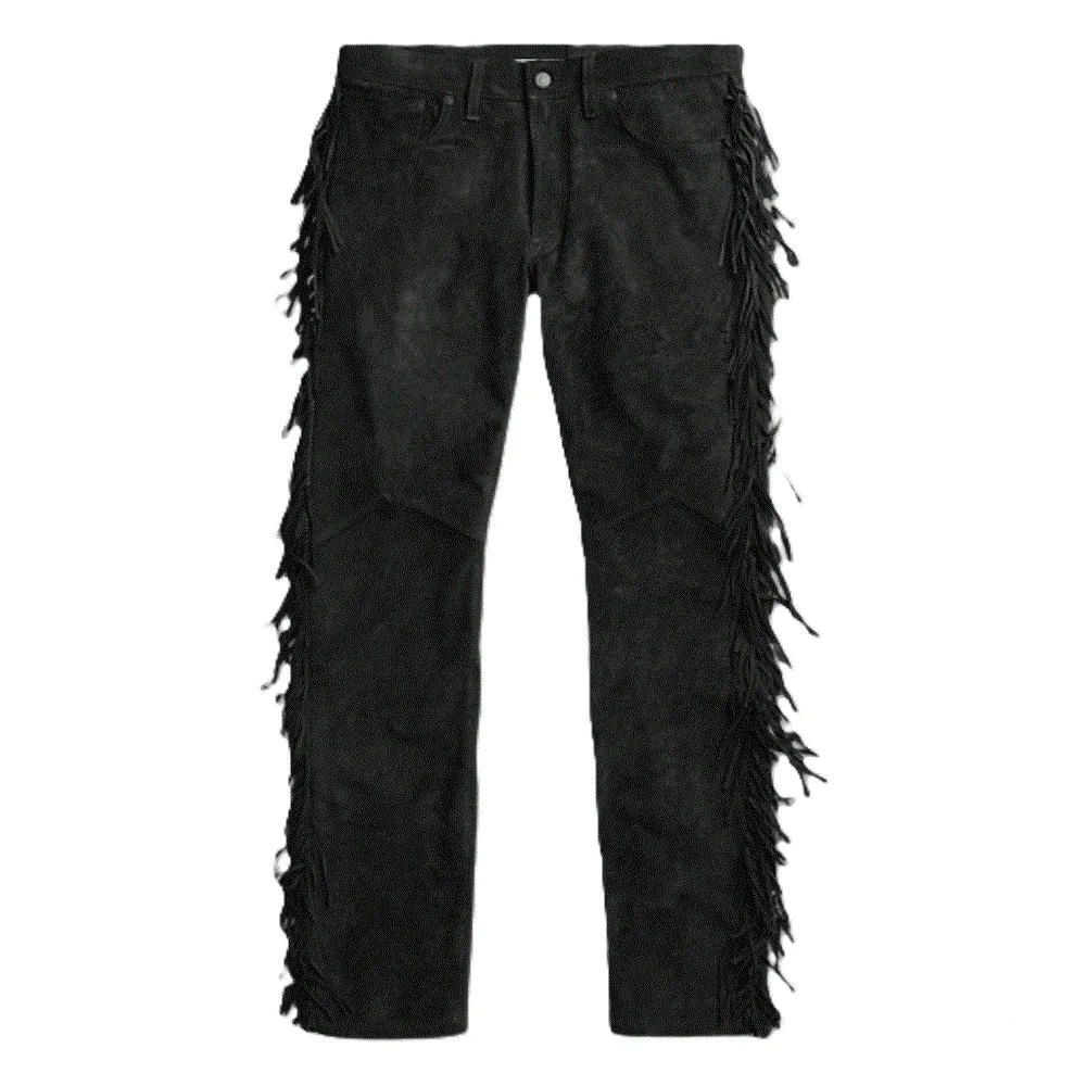 Red Suede Leather Fringe Pants Jeans Style For Men Western Pant MFP1110