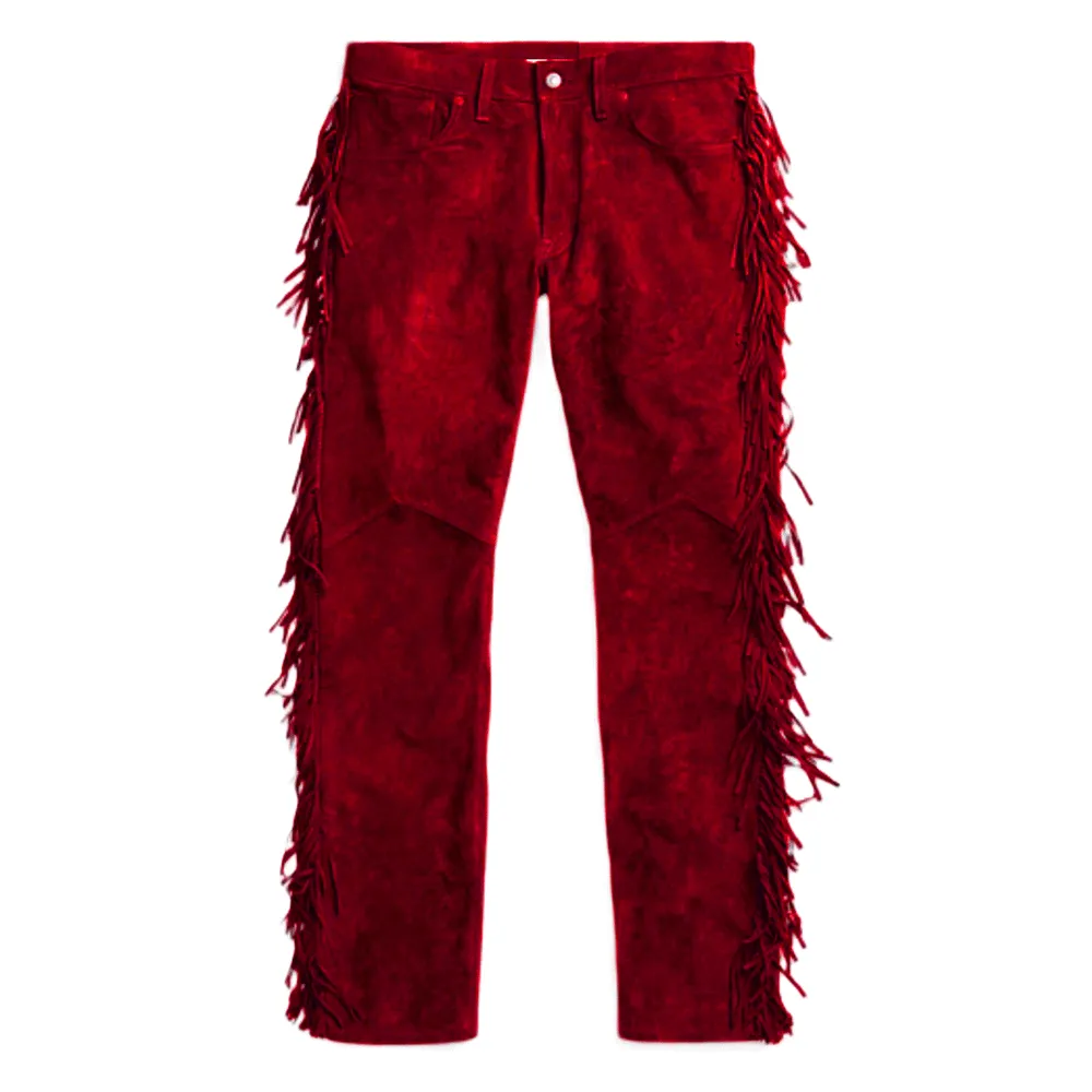 Red Suede Leather Fringe Pants Jeans Style For Men Western Pant MFP1110