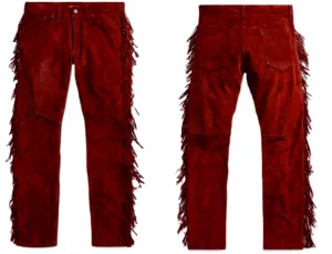 Red Suede Leather Fringe Pants Jeans Style For Men Western Pant MFP1110