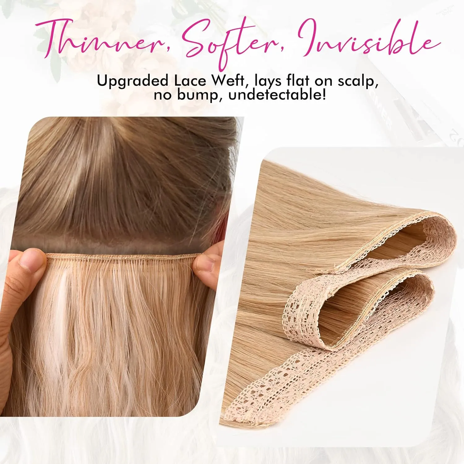REECHO Invisible Wire Hair Extensions with Thinner Softer Lace Weft (Chocolate Brown with Highlights, 12 Inch (Pack of 1))