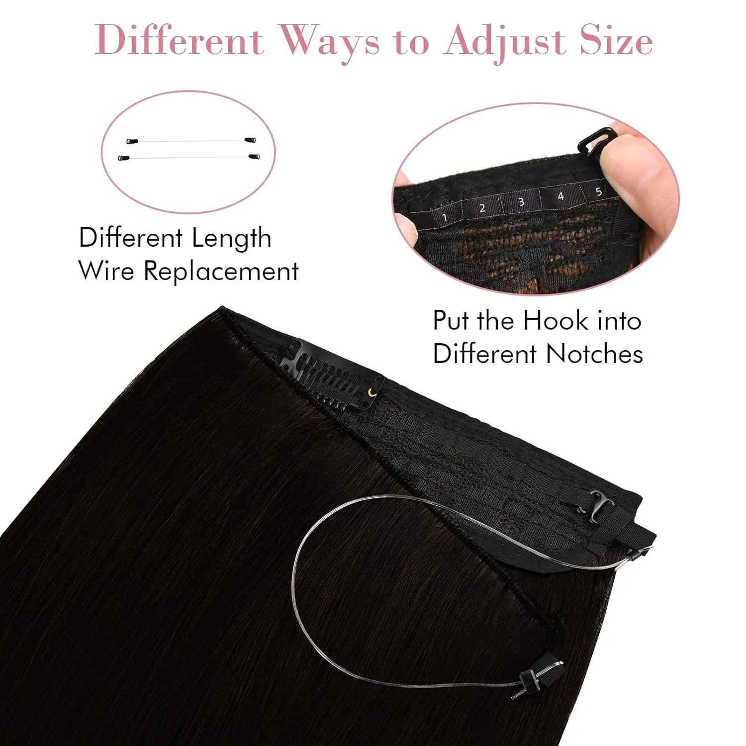 REECHO Invisible Wire Hair Extensions with Transparent Headband Adjustable Size Removable Secure Clips in Curly Wavy Secret Hairpiece for Women 20 Inch - Darkest Brown with Reddish Tone