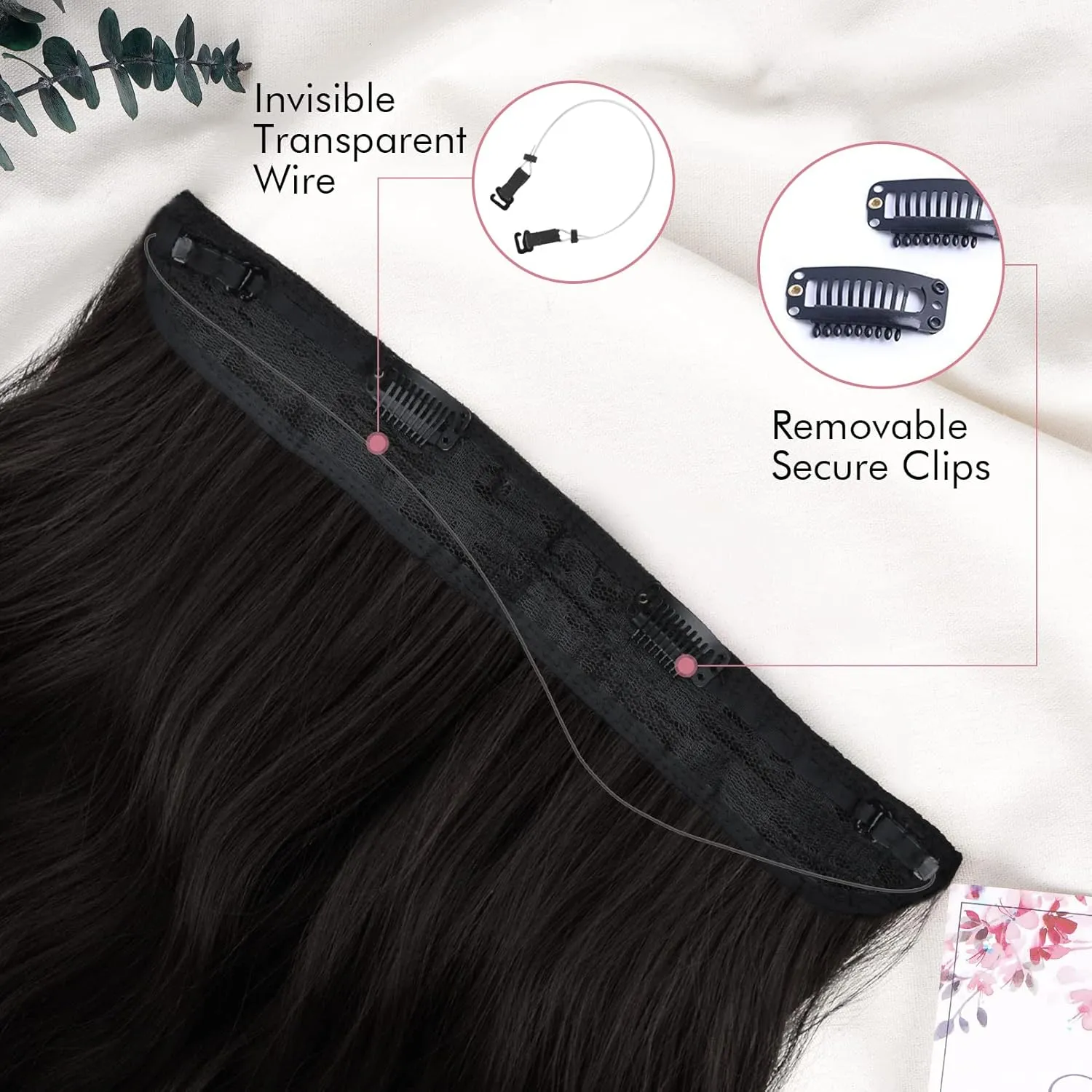 REECHO Invisible Wire Hair Extensions with Transparent Headband Adjustable Size Removable Secure Clips in Curly Wavy Secret Hairpiece for Women 20 Inch - Darkest Brown with Reddish Tone