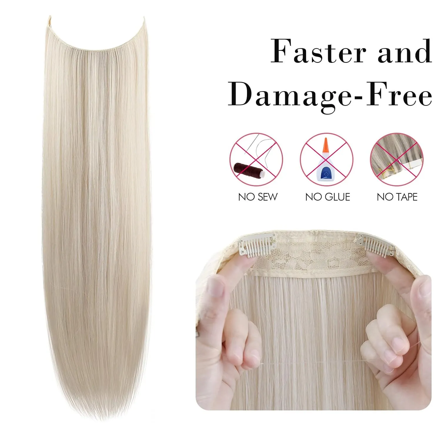 REECHO Invisible Wire Hair Extensions with Transparent Headband Adjustable Size Removable Secure Clips in Straight Secret Hairpiece for Women (12 Inch (Pack of 1), Cool Blonde)