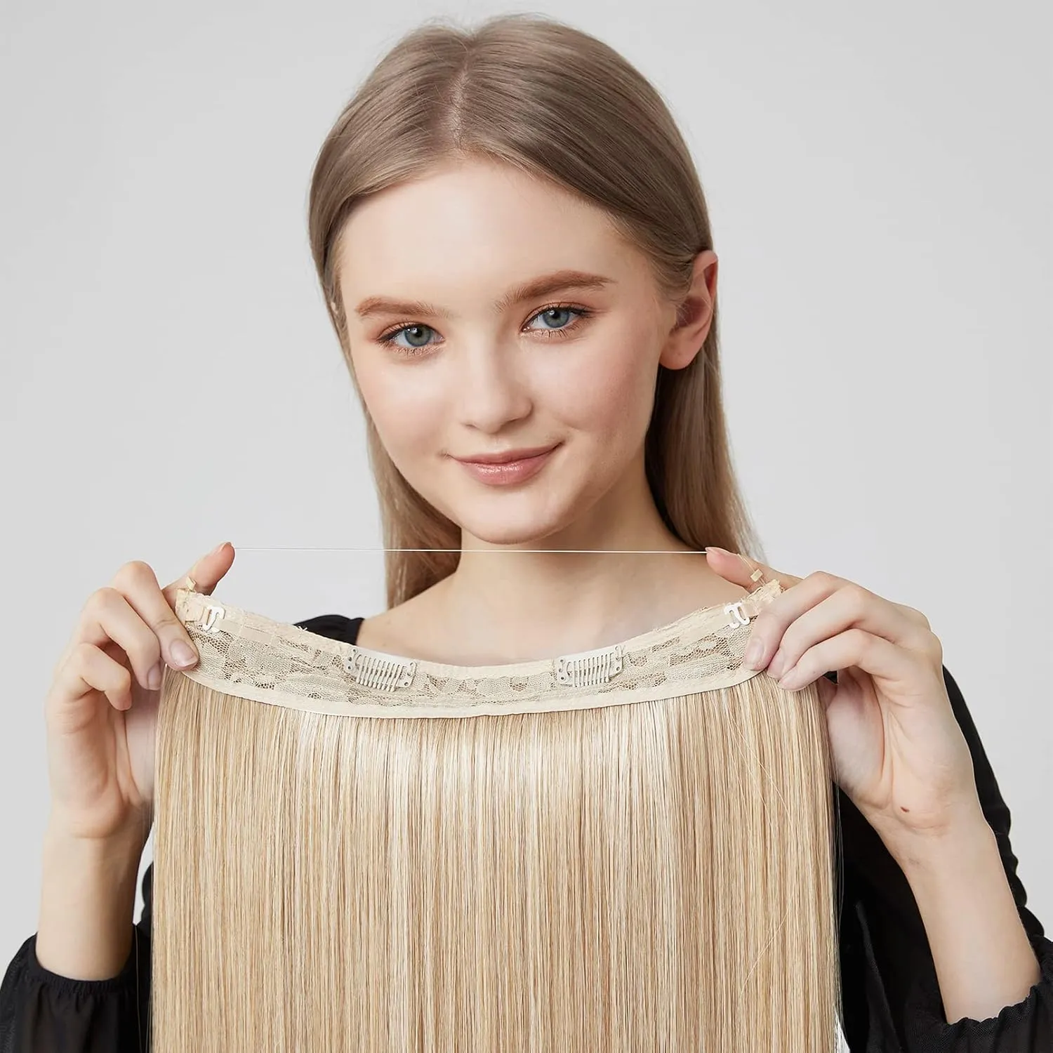 REECHO Invisible Wire Hair Extensions with Transparent Headband Adjustable Size Removable Secure Clips in Straight Secret Hairpiece for Women (14 Inch (Pack of 1), Light Blonde)