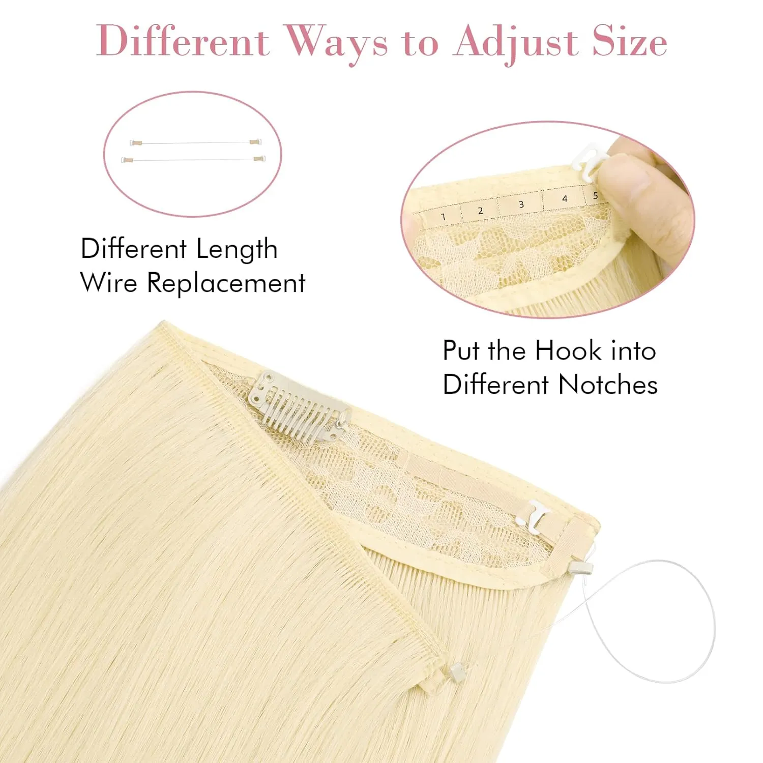 REECHO Invisible Wire Hair Extensions with Transparent Headband Adjustable Size Removable Secure Clips in Straight Secret Hairpiece for Women (14 Inch (Pack of 1), Light Blonde)