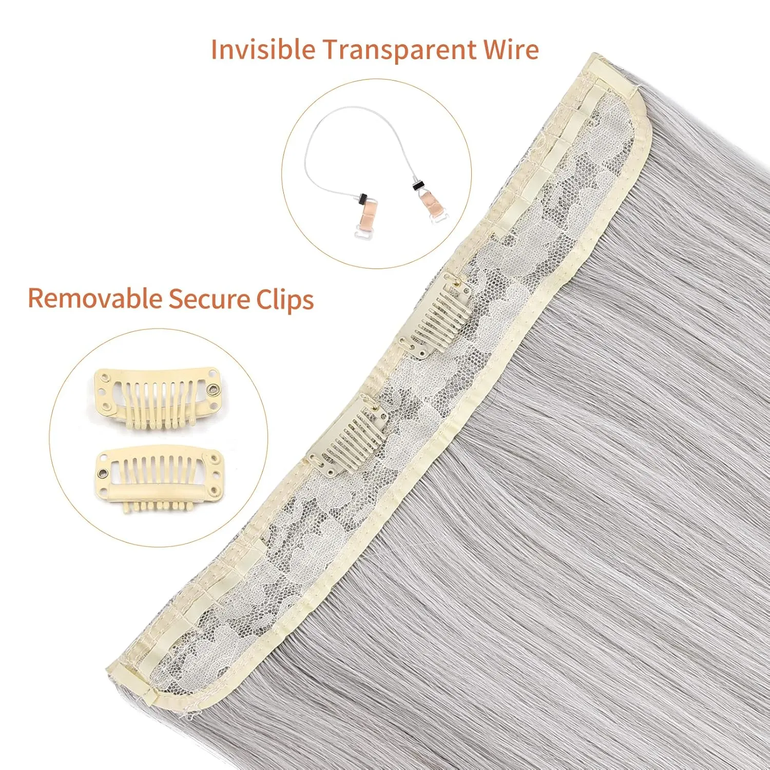 REECHO Invisible Wire Hair Extensions with Transparent Headband Adjustable Size Removable Secure Clips in Straight Secret Hairpiece for Women (14 Inch (Pack of 1), Silver Grey