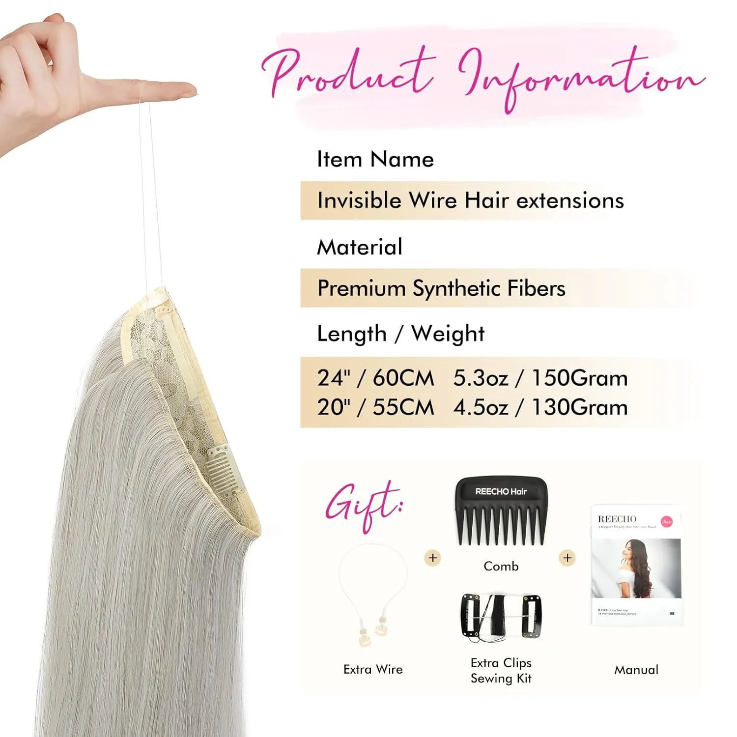 REECHO Invisible Wire Hair Extensions with Transparent Headband Adjustable Size Removable Secure Clips in Straight Secret Hairpiece for Women (24 Inch (Pack of 1), Grey/Brown/Silver/White Mixed)