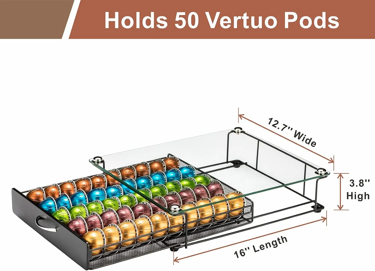 Rice rat Coffee Vertuo Capsule Holder Drawer for Nespresso With Glass For Cabinet Vertuoline Pod Storage Rack For Counter (Class-50 Pods（With handle）)