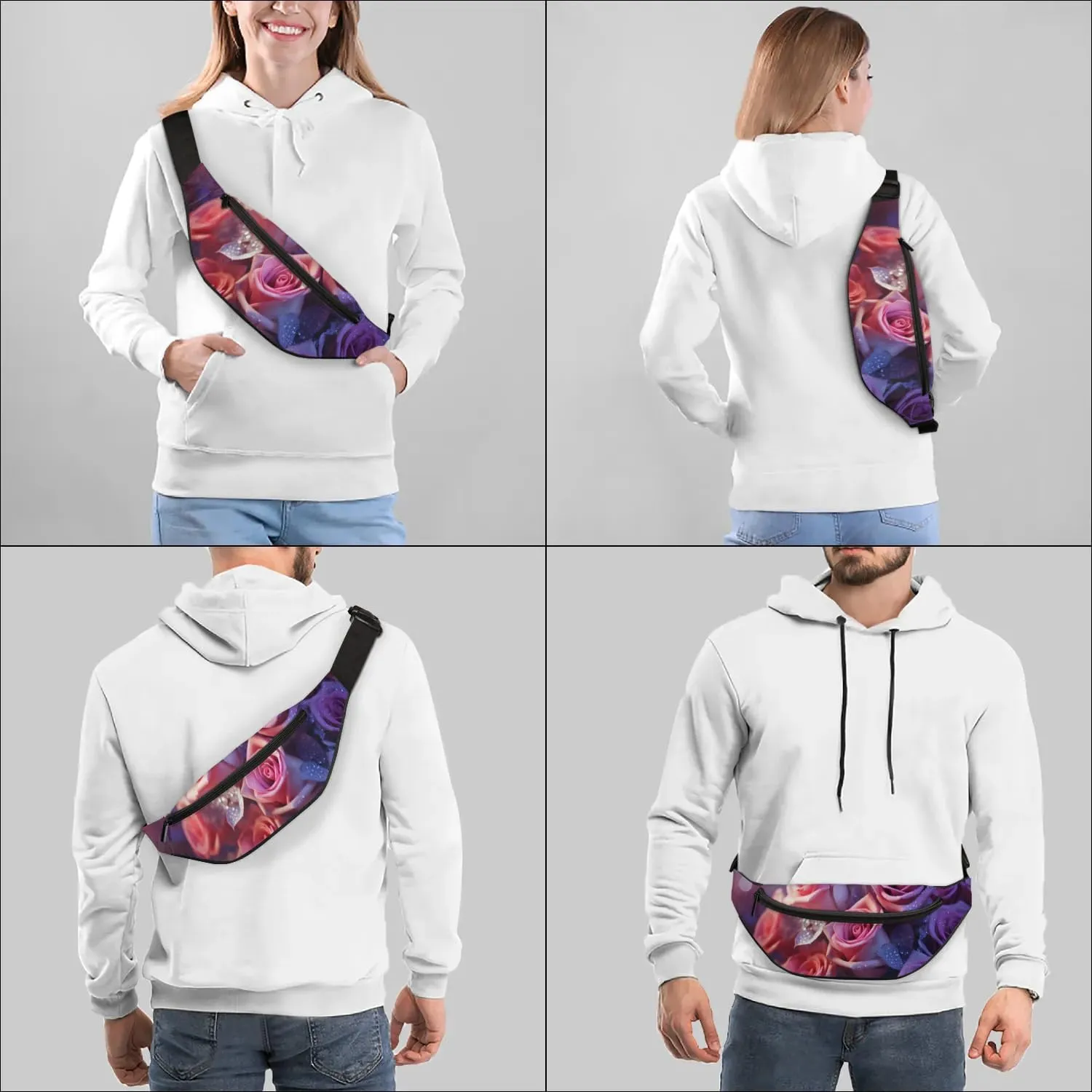 Romantic Rose Flower Fanny Packs for Women Men Cross Body Purse Waterproof Sports Waist Bag Pack Belt Bag for Travel Hiking Running Cycling