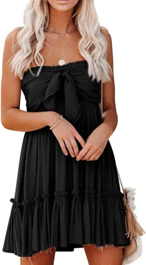 R.Vivimos Women's Summer Cotton Boho Beach Sleeveless Tie Front Mini Dress Tube Top Dress
