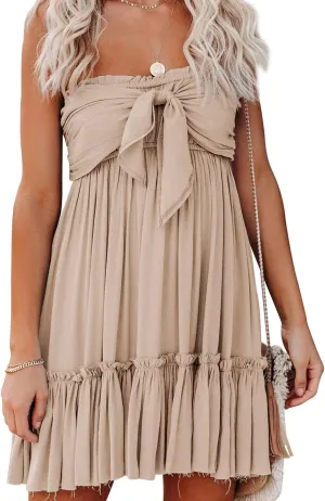 R.Vivimos Women's Summer Cotton Boho Beach Sleeveless Tie Front Mini Dress Tube Top Dress