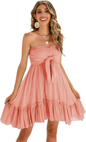 R.Vivimos Women's Summer Cotton Boho Beach Sleeveless Tie Front Mini Dress Tube Top Dress