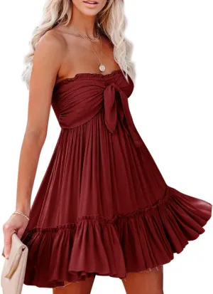 R.Vivimos Women's Summer Cotton Boho Beach Sleeveless Tie Front Mini Dress Tube Top Dress