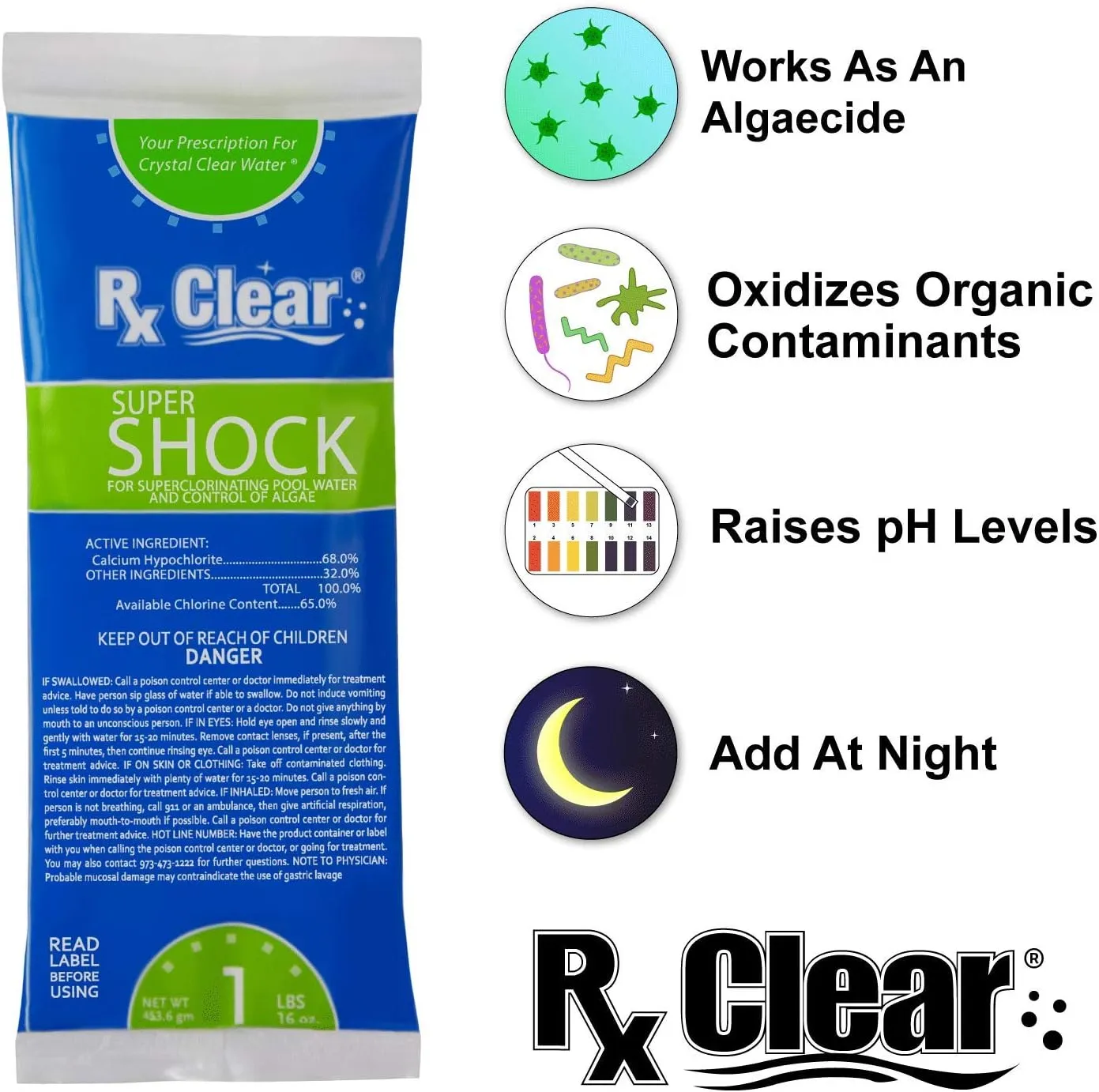 Rx Clear Super Shock for Swimming Pools | Chlorinator and Algaecide | 68% Calcium Hypochlorite Shock | Kill Pool Algae for a Crystal Clear Pool | One Pound Bags | 6 Pack