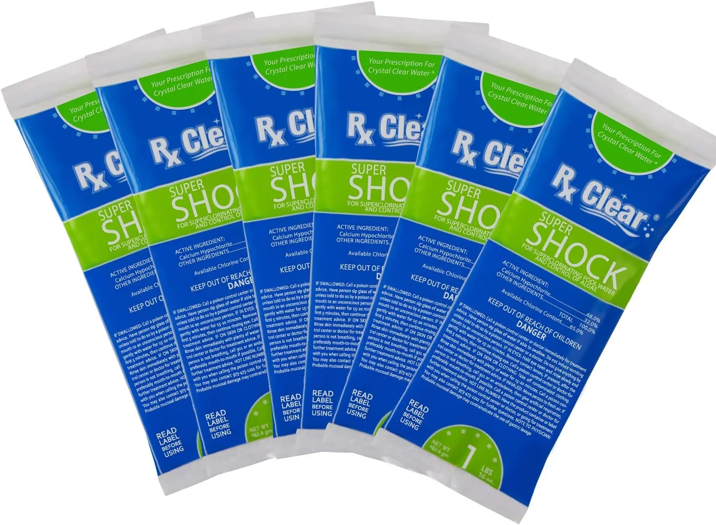 Rx Clear Super Shock for Swimming Pools | Chlorinator and Algaecide | 68% Calcium Hypochlorite Shock | Kill Pool Algae for a Crystal Clear Pool | One Pound Bags | 6 Pack