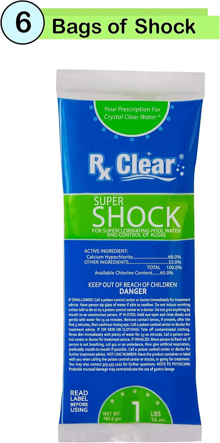 Rx Clear Super Shock for Swimming Pools | Chlorinator and Algaecide | 68% Calcium Hypochlorite Shock | Kill Pool Algae for a Crystal Clear Pool | One Pound Bags | 6 Pack