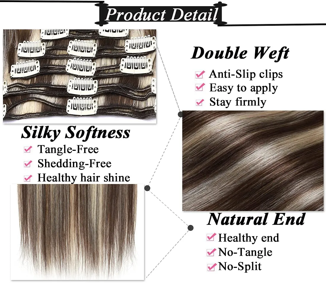 S-noilite Clip in Hair Extensions Human Hair Balayage Thick True Double Weft 100% Real Human Hair Full Head 8 Pieces 18 Clips Straight Silky (14 Inch - 120g,Medium Brown/Bleach Blonde (#04/613))