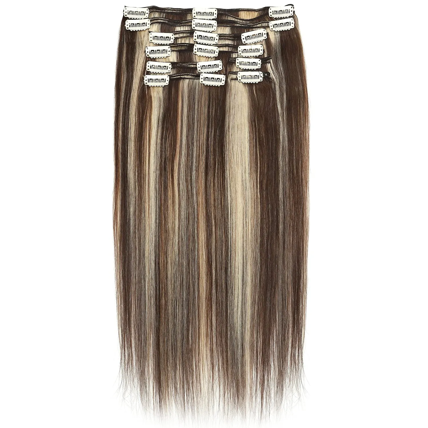 S-noilite Clip in Hair Extensions Human Hair Balayage Thick True Double Weft 100% Real Human Hair Full Head 8 Pieces 18 Clips Straight Silky (14 Inch - 120g,Medium Brown/Bleach Blonde (#04/613))