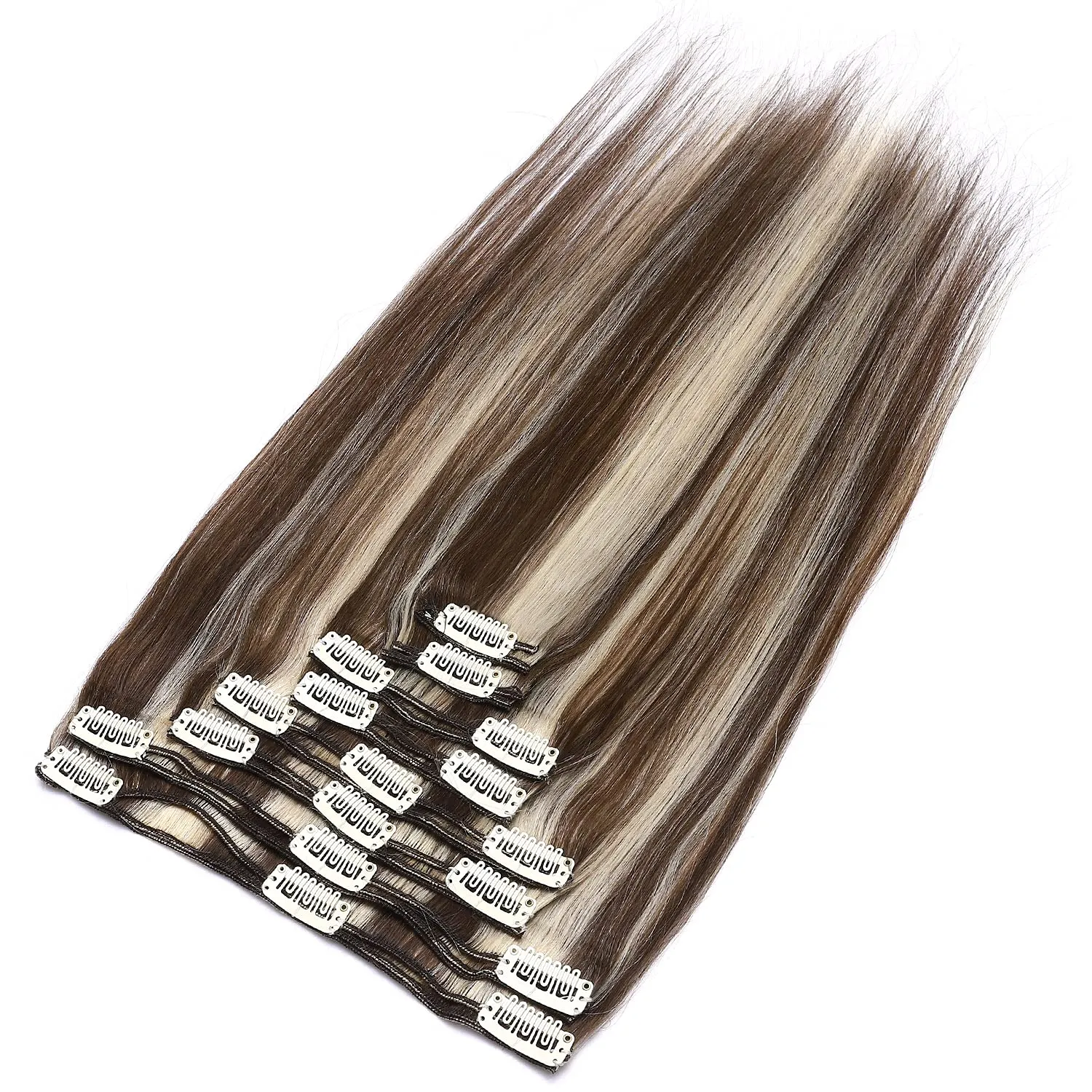 S-noilite Clip in Hair Extensions Human Hair Balayage Thick True Double Weft 100% Real Human Hair Full Head 8 Pieces 18 Clips Straight Silky (14 Inch - 120g,Medium Brown/Bleach Blonde (#04/613))