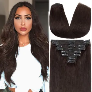 S-noilite Clip in Hair Extensions Human Hair for Women Thick True Double Weft 100% Real Remy Brown Human Hair Full Head 8 Pieces 18 Clips Straight Silky (18 Inch - 140g,Dark Brown (#2))