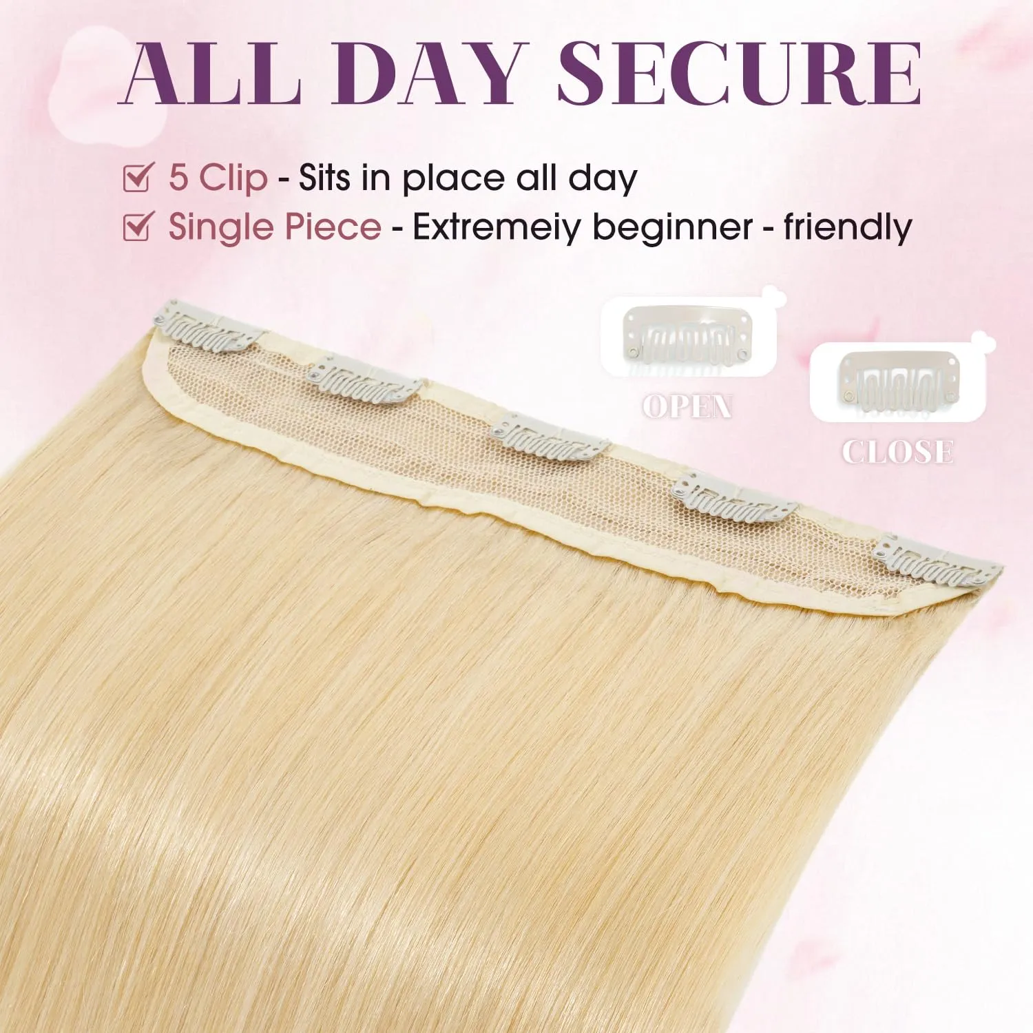 S-noilite Clip in Human Hair Extensions 1 Piece 5 Clips 3/4 Full Head Clip on Remy Hair Extension For Women Lighter One-Piece Design Adding Hair Volume 18Inch 50g Bleach Blonde