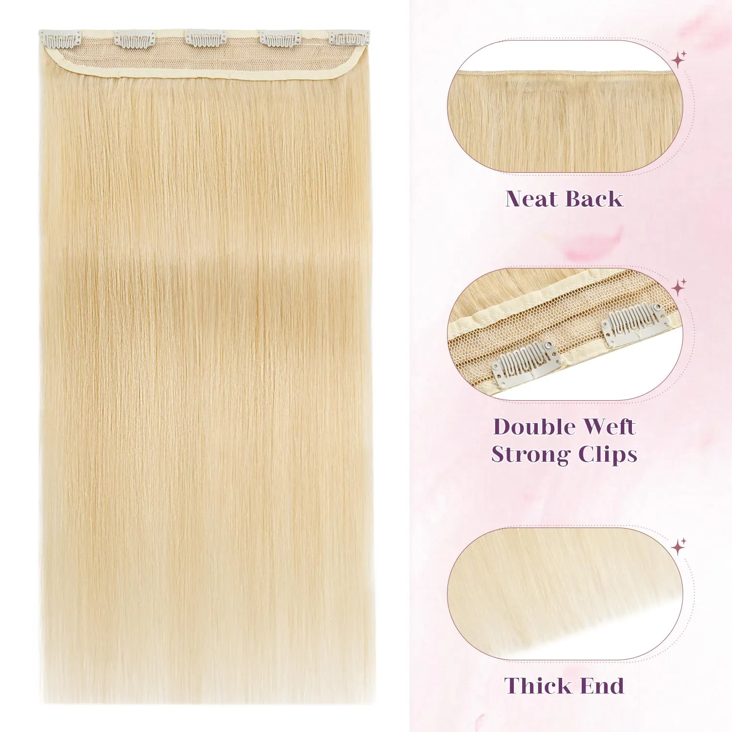 S-noilite Clip in Human Hair Extensions 1 Piece 5 Clips 3/4 Full Head Clip on Remy Hair Extension For Women Lighter One-Piece Design Adding Hair Volume 18Inch 50g Bleach Blonde
