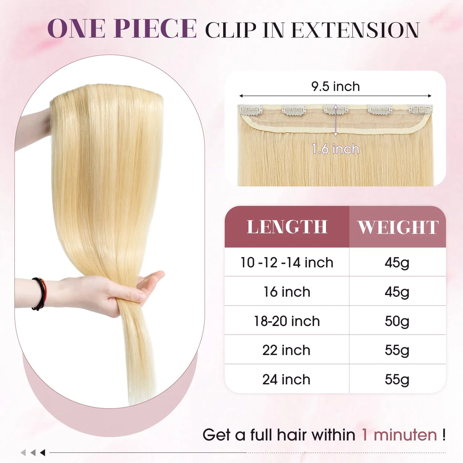 S-noilite Clip in Human Hair Extensions 1 Piece 5 Clips 3/4 Full Head Clip on Remy Hair Extension For Women Lighter One-Piece Design Adding Hair Volume 18Inch 50g Bleach Blonde