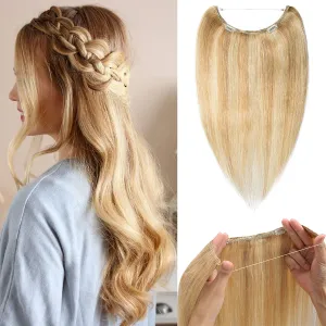 S-noilite Invisible Wire Human Hair Extensions 20" 70g Balayage Secret Hairpieces with 2 Clips Adjustable Headband Fish Line Hairpieces For Women #18/613 Ash Blonde/Bleach Blonde