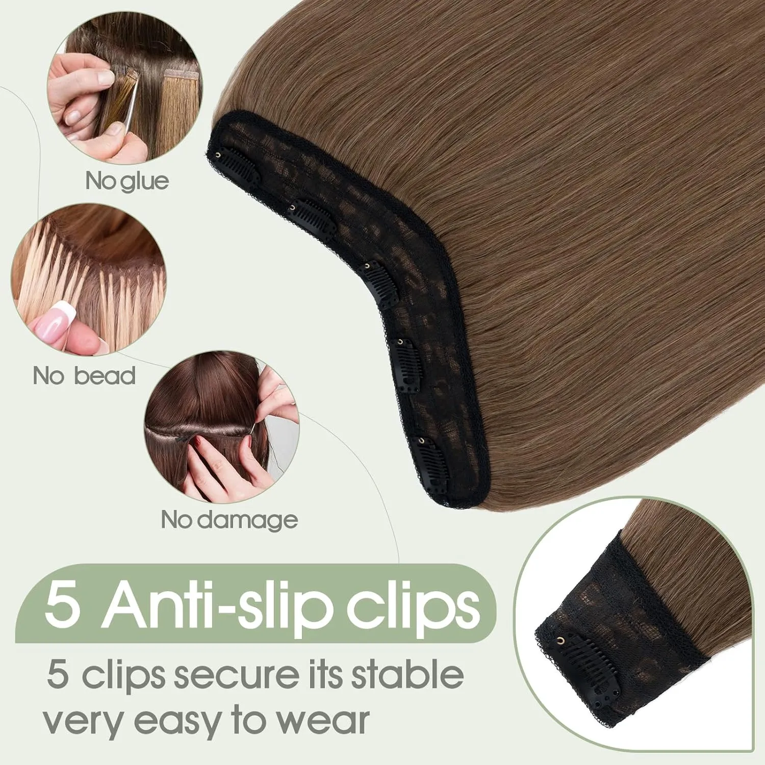 S-noilite One Piece Clip in Hair Extensions - Human Hair, 3/4 Full Head V Part Weft, Thicker Hair Lace Net With 5 Clips (18"-70g,#06 Light Brown)