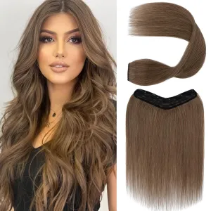 S-noilite One Piece Clip in Hair Extensions - Human Hair, 3/4 Full Head V Part Weft, Thicker Hair Lace Net With 5 Clips (18"-70g,#06 Light Brown)