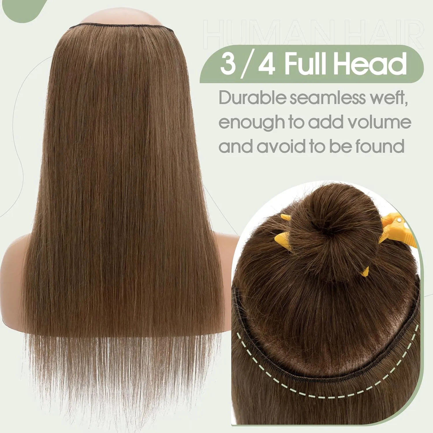 S-noilite One Piece Clip in Hair Extensions - Human Hair, 3/4 Full Head V Part Weft, Thicker Hair Lace Net With 5 Clips (18"-70g,#06 Light Brown)
