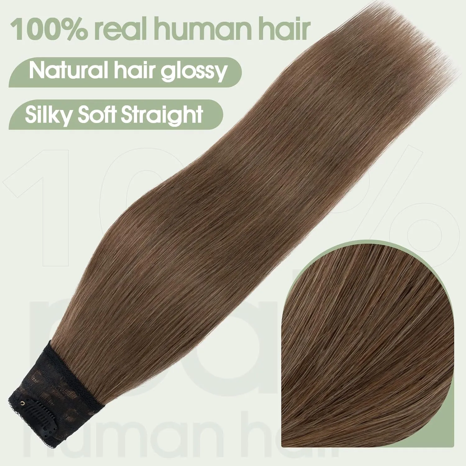 S-noilite One Piece Clip in Hair Extensions - Human Hair, 3/4 Full Head V Part Weft, Thicker Hair Lace Net With 5 Clips (18"-70g,#06 Light Brown)