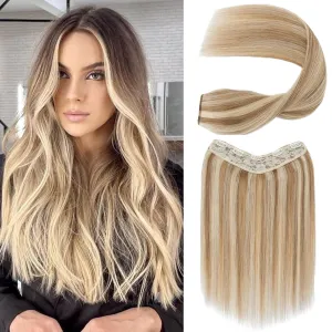 S-noilite One Piece Clip in Hair Extensions Human Hair Balayager One Piece/5 Clips 3/4 Full Head V Part Weft Thicker Hair Lace Net One Piece Hair Extensions (18"-70g,#Golden Brown/Bleach Blonde)