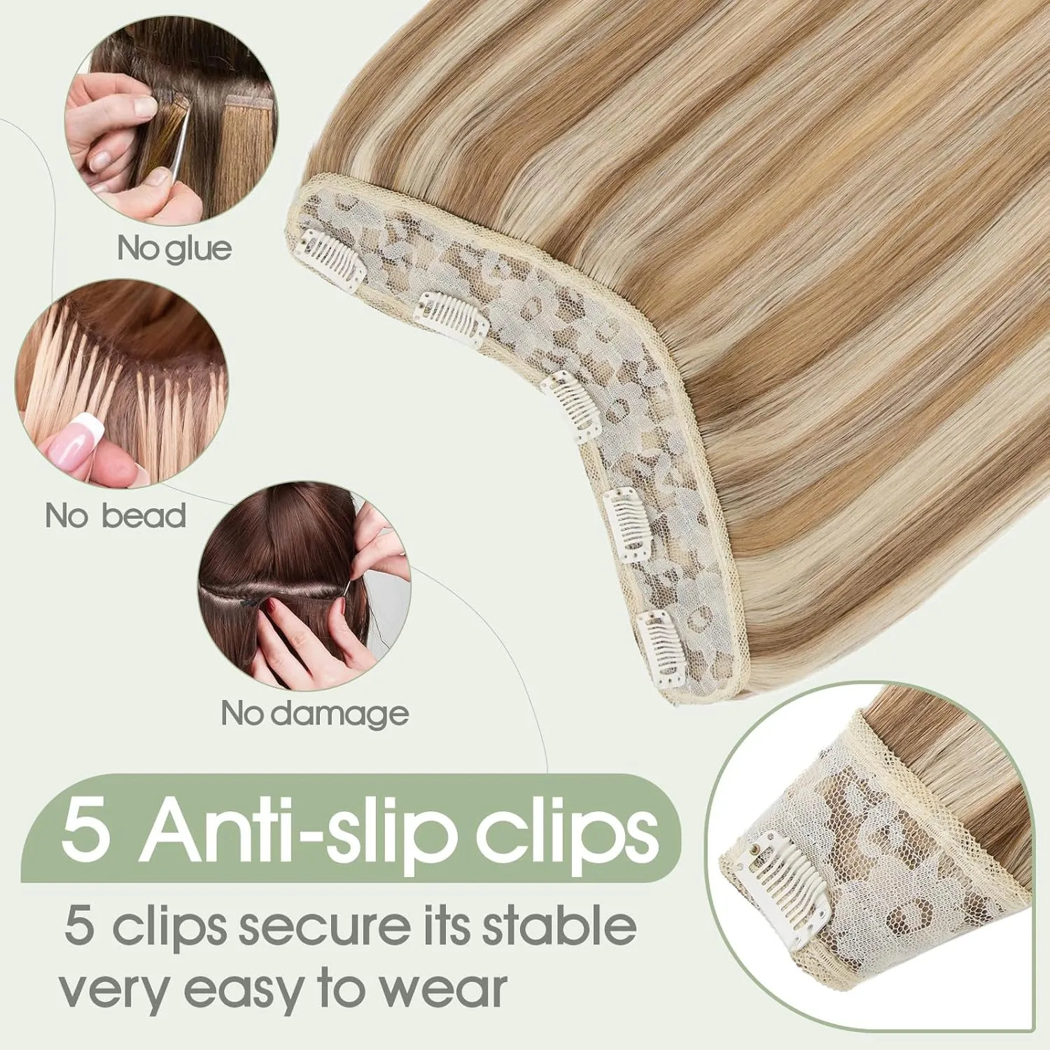 S-noilite One Piece Clip in Hair Extensions Human Hair Balayager One Piece/5 Clips 3/4 Full Head V Part Weft Thicker Hair Lace Net One Piece Hair Extensions (18"-70g,#Golden Brown/Bleach Blonde)