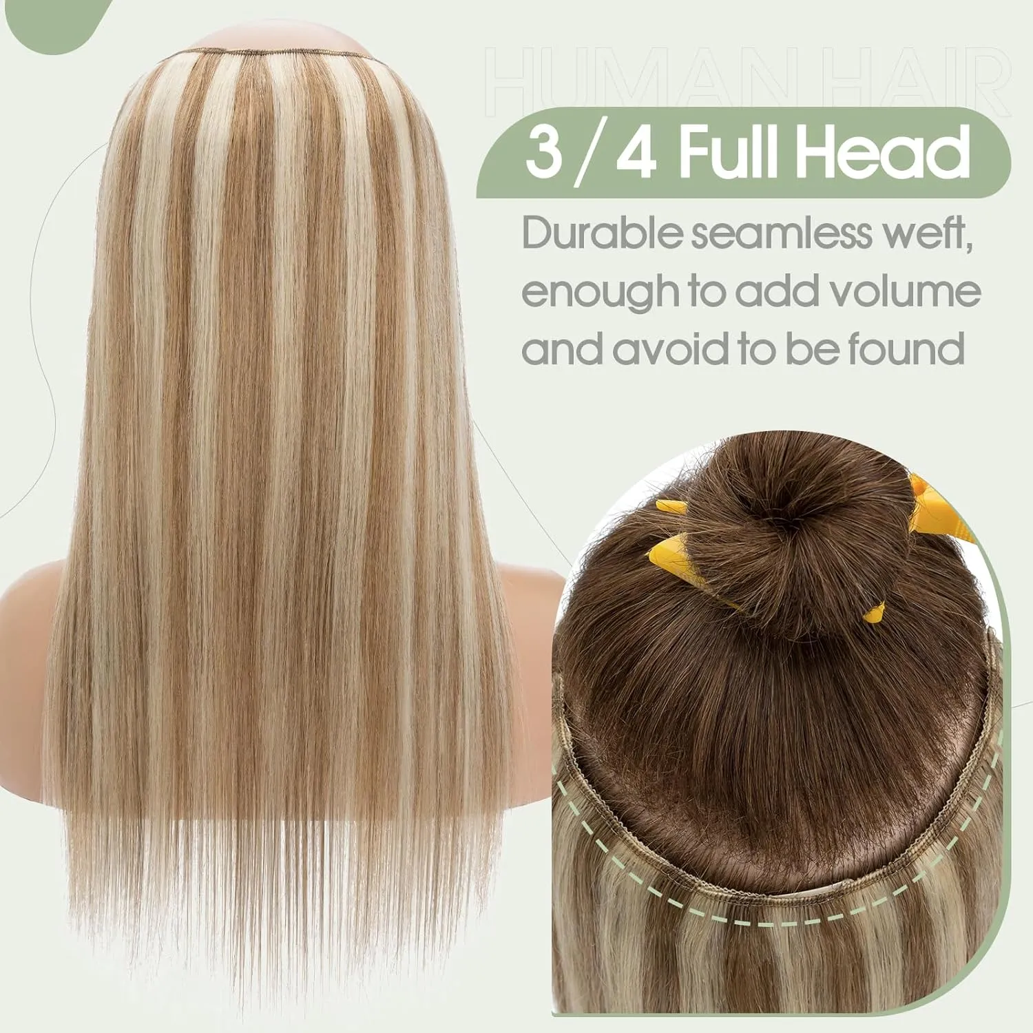 S-noilite One Piece Clip in Hair Extensions Human Hair Balayager One Piece/5 Clips 3/4 Full Head V Part Weft Thicker Hair Lace Net One Piece Hair Extensions (18"-70g,#Golden Brown/Bleach Blonde)