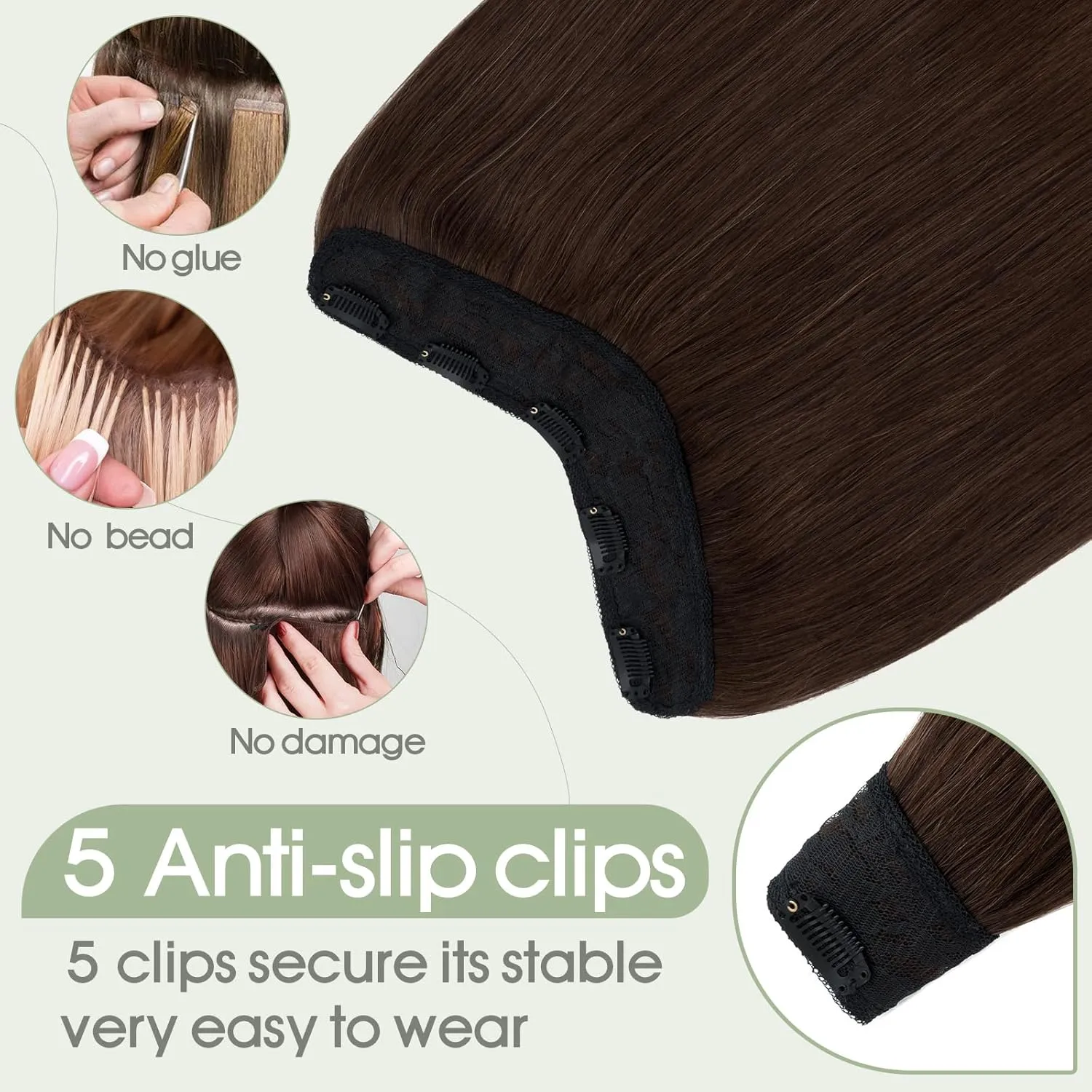 S-noilite One Piece Clip in Hair Extensions Human Hair One Piece/5 Clips 3/4 Full Head V Part Weft Thicker Hair Lace Net One Piece Hair Extensions Clip in Human Hair (12"-50g,#04,Medium Brown)