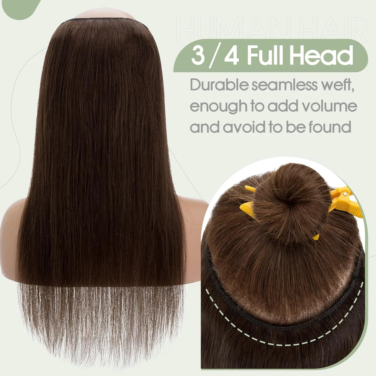 S-noilite One Piece Clip in Hair Extensions Human Hair One Piece/5 Clips 3/4 Full Head V Part Weft Thicker Hair Lace Net One Piece Hair Extensions Clip in Human Hair (12"-50g,#04,Medium Brown)