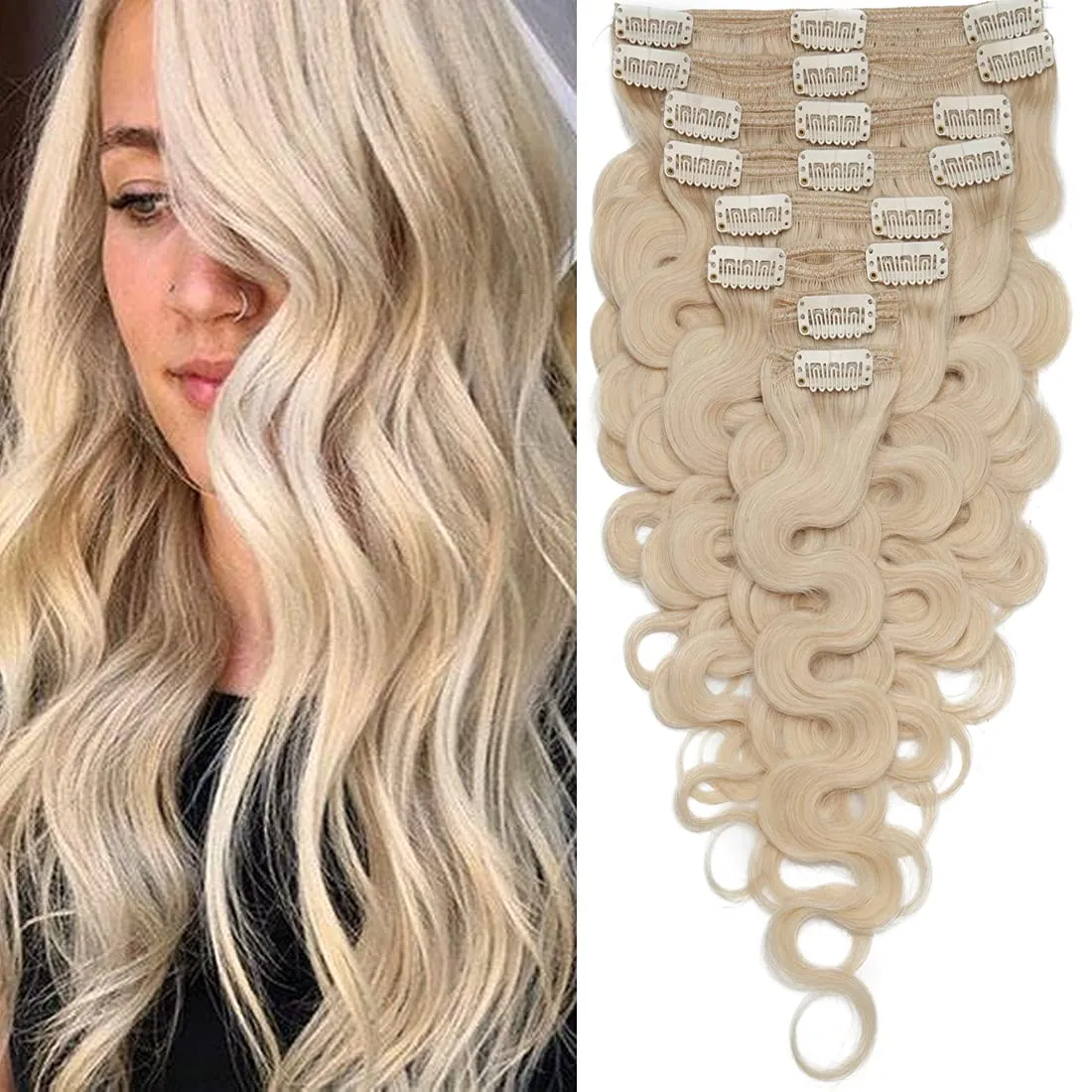 S-noilite Wavy Clip in Hair Extensions Real Human Hair Natural Wavy Remy Hair Thick Double Weft Clip in Extensions Full Head 8 Pieces 18 Clips (18 Inch - 140g,Platinum Blonde (#60))