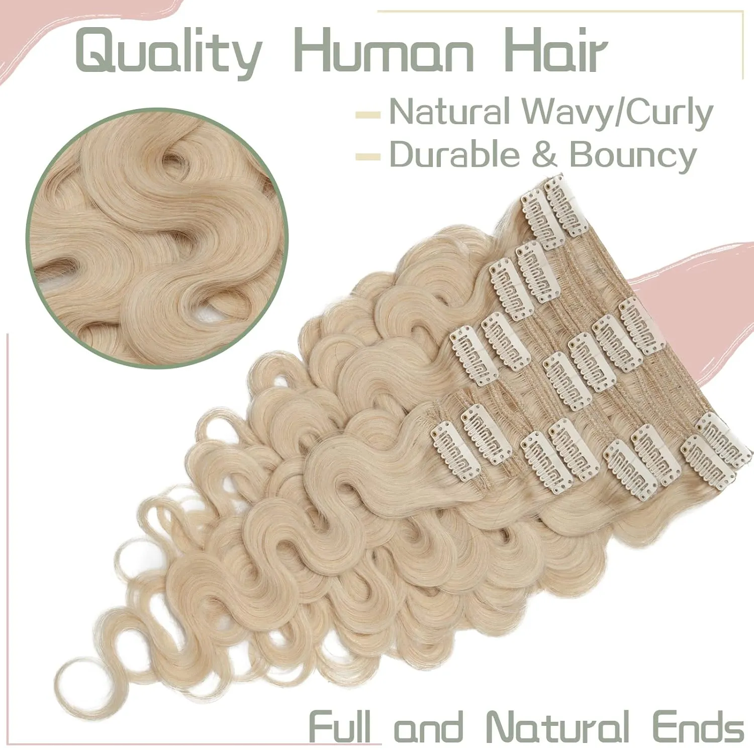 S-noilite Wavy Clip in Hair Extensions Real Human Hair Natural Wavy Remy Hair Thick Double Weft Clip in Extensions Full Head 8 Pieces 18 Clips (18 Inch - 140g,Platinum Blonde (#60))